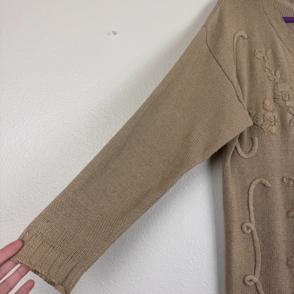 Vintage Newport News Embroidered 90s Mom Knit Tunic Sweater Cottagecore Tan M - Picture 7 of 16